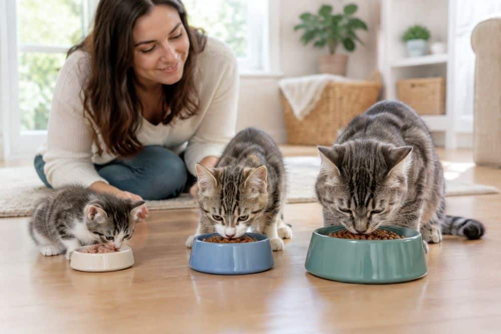 Three kittens at different growth stages eat from separate bowls while an adult supervises.