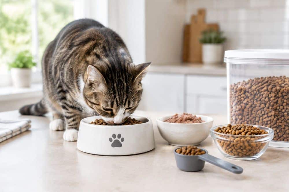 A cat eating from a bowl beside measured portions of cat food.