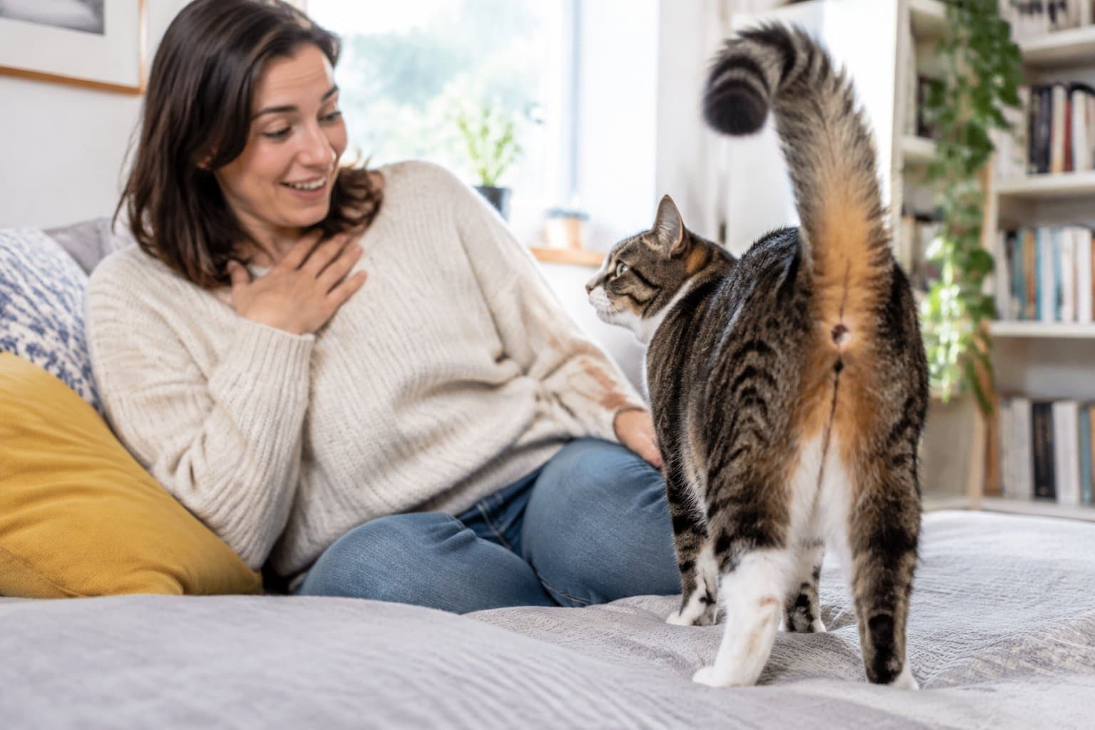 A cat stands with its back toward its amused owner on a sofa.