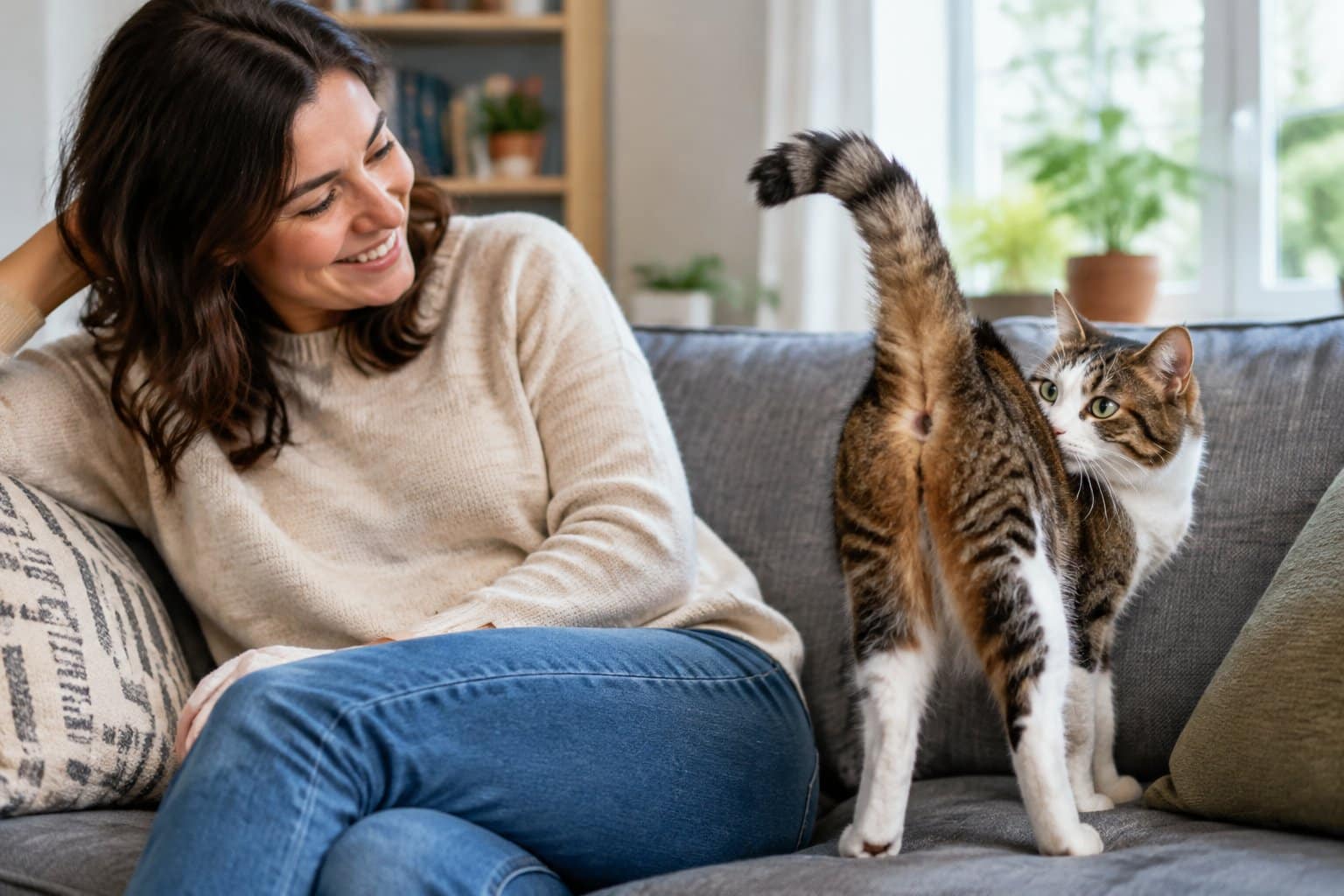 A relaxed cat stands beside its owner on a sofa, turning its rear toward them and looking back.