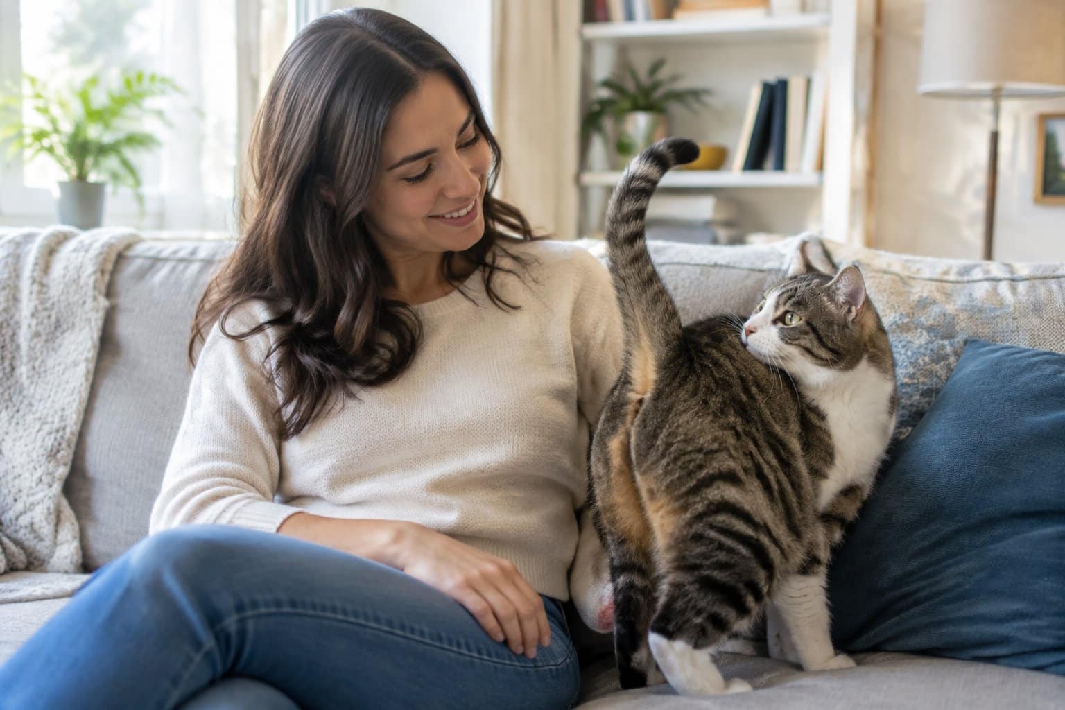 A relaxed cat turns its hindquarters toward its seated owner and looks back over its shoulder.