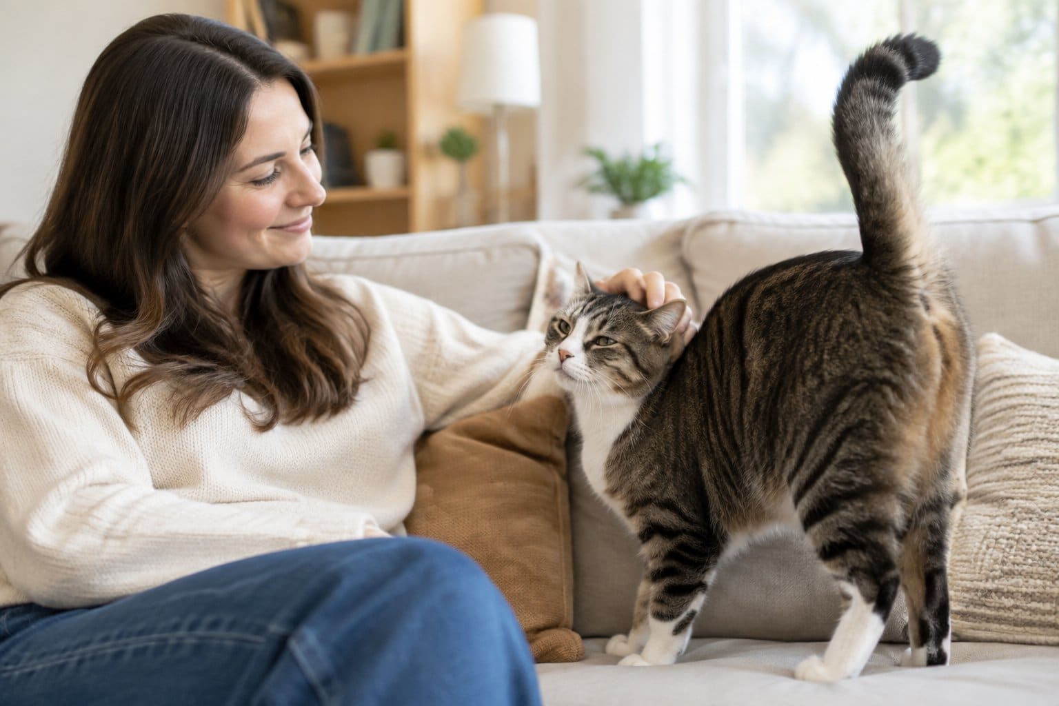 A relaxed cat raises its tail beside its owner on a sofa.
