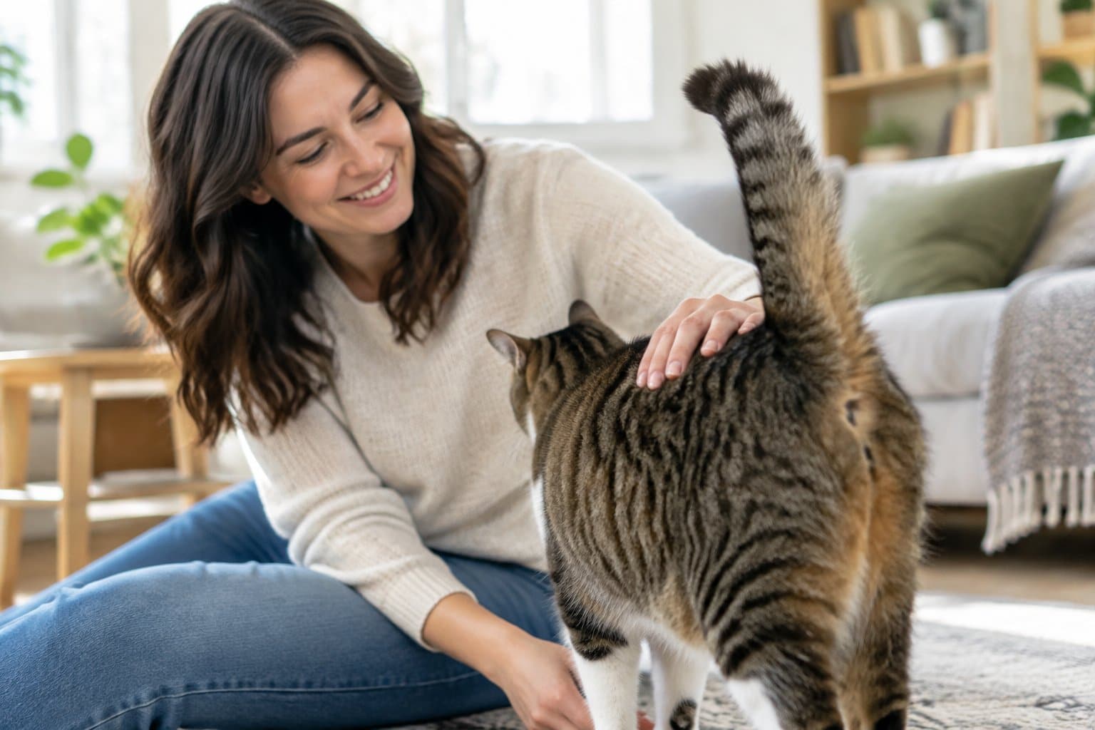 A person gently pets a relaxed cat facing away from them.