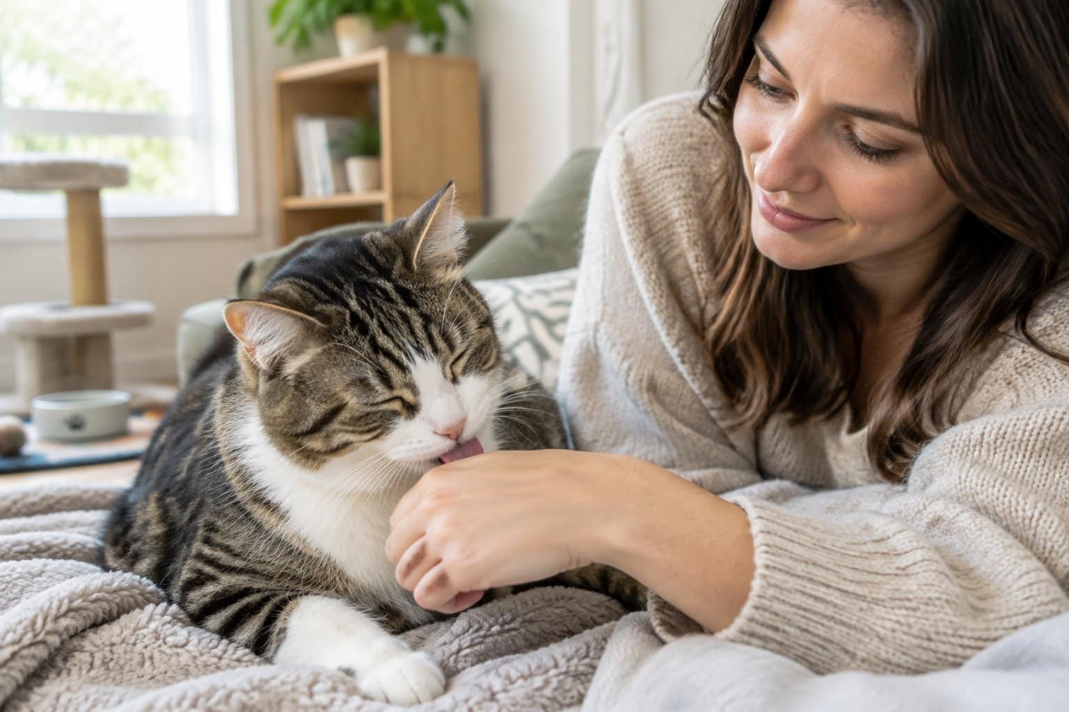 A relaxed cat gently licks its owner's hand at home.