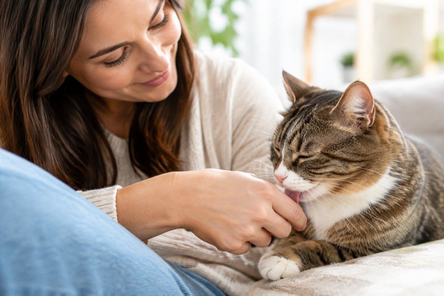 A relaxed cat gently licks its owner's hand.