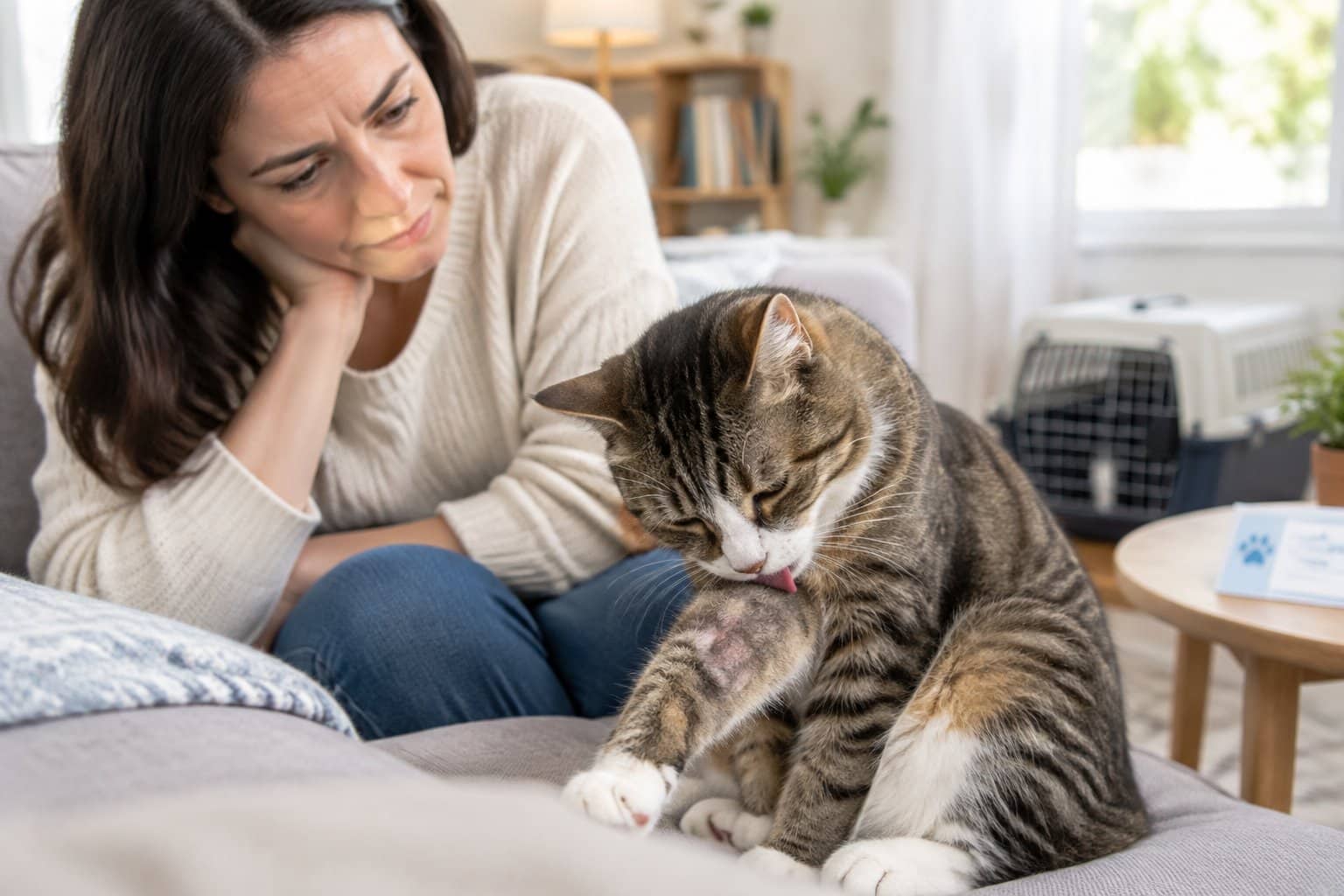 A concerned owner watches a cat repeatedly lick its front leg.