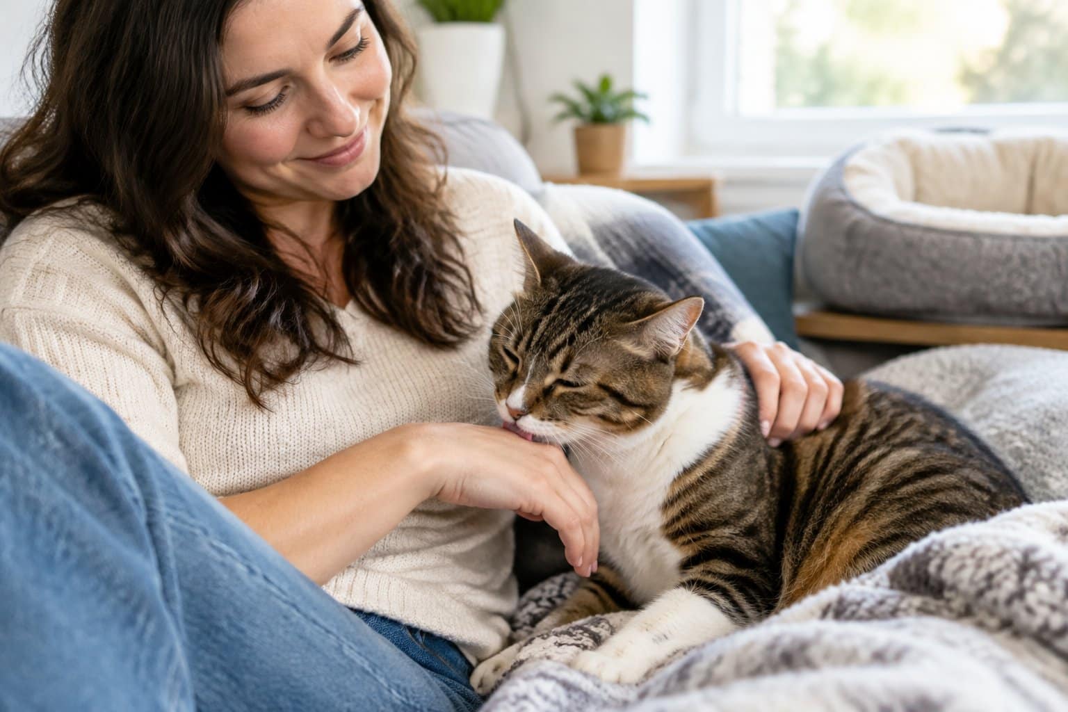 A person calmly pets a cat as it gently licks their hand.