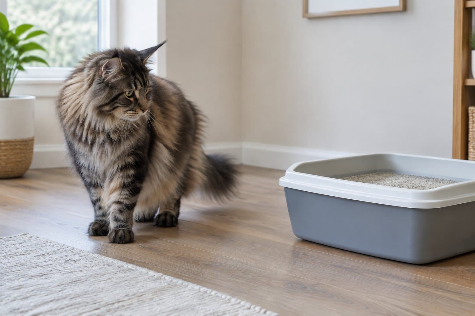 A fluffy Maine Coon cat hesitates beside a clean litter box.