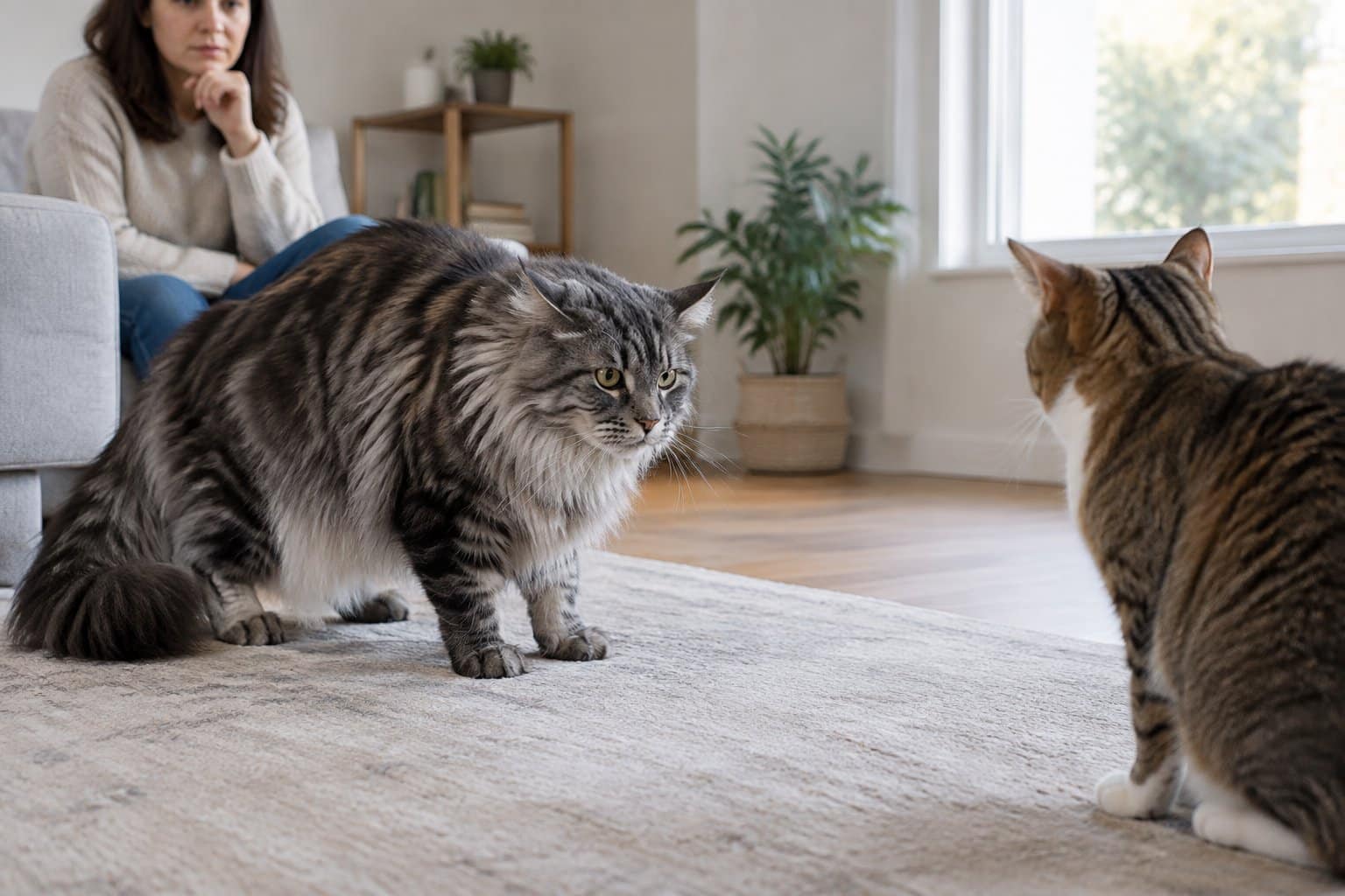 A tense Maine Coon faces another cat while a person watches nearby.