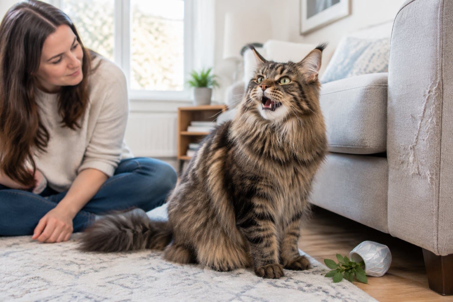 A fluffy Maine Coon meows beside a scratched sofa as its owner watches.