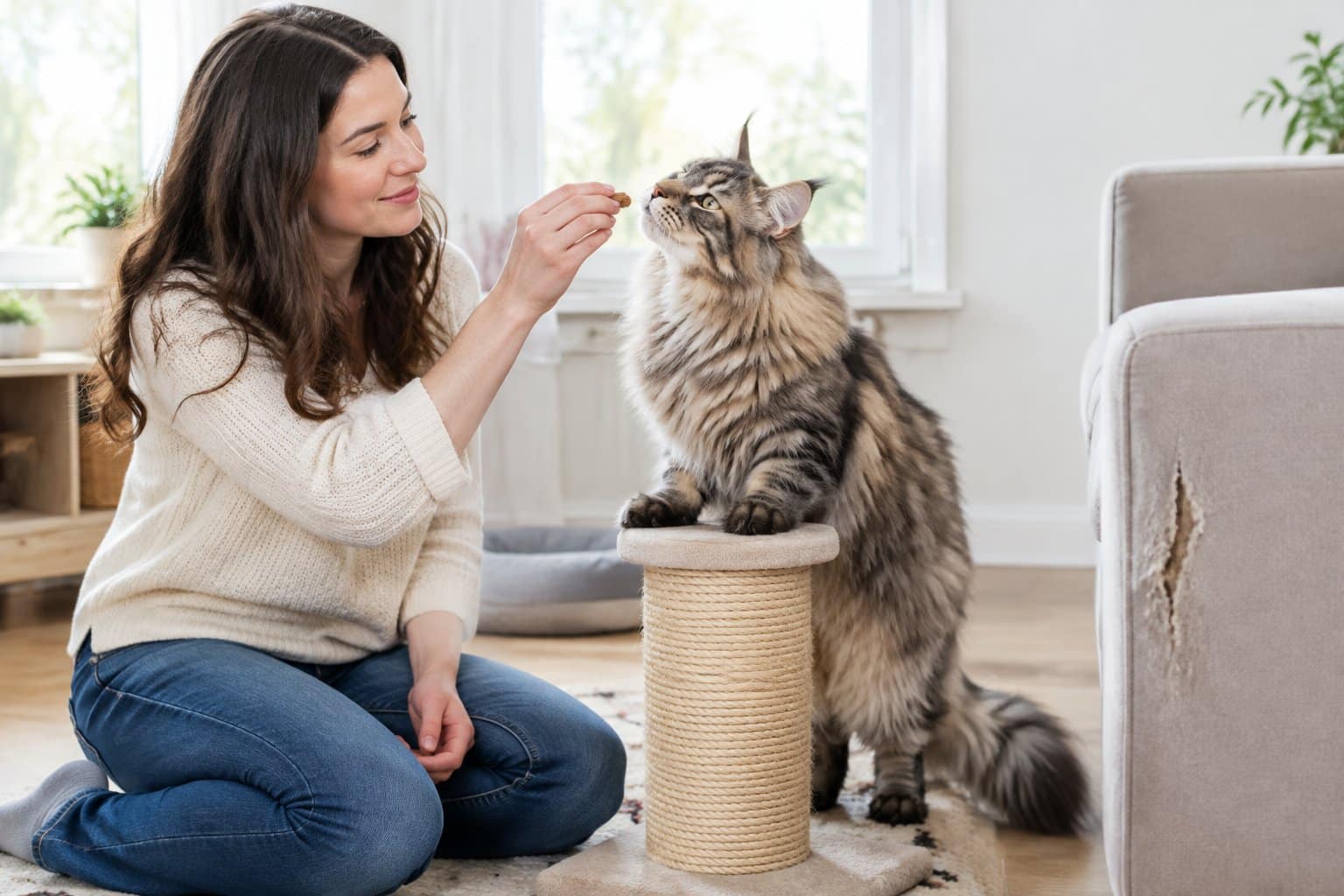 An owner rewards a Maine Coon for using a scratching post.