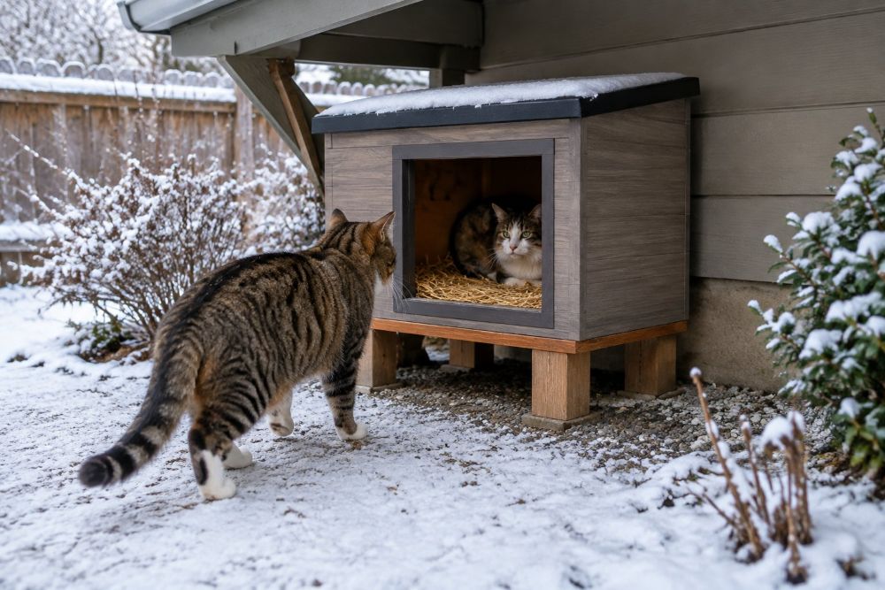 A cat approaches a raised, sheltered outdoor winter shelter while another rests inside.