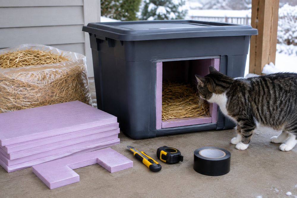 A cat investigates a plastic tote shelter beside insulation, straw, and basic tools.