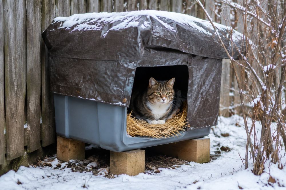 A cat rests inside a homemade insulated shelter in a snowy backyard.