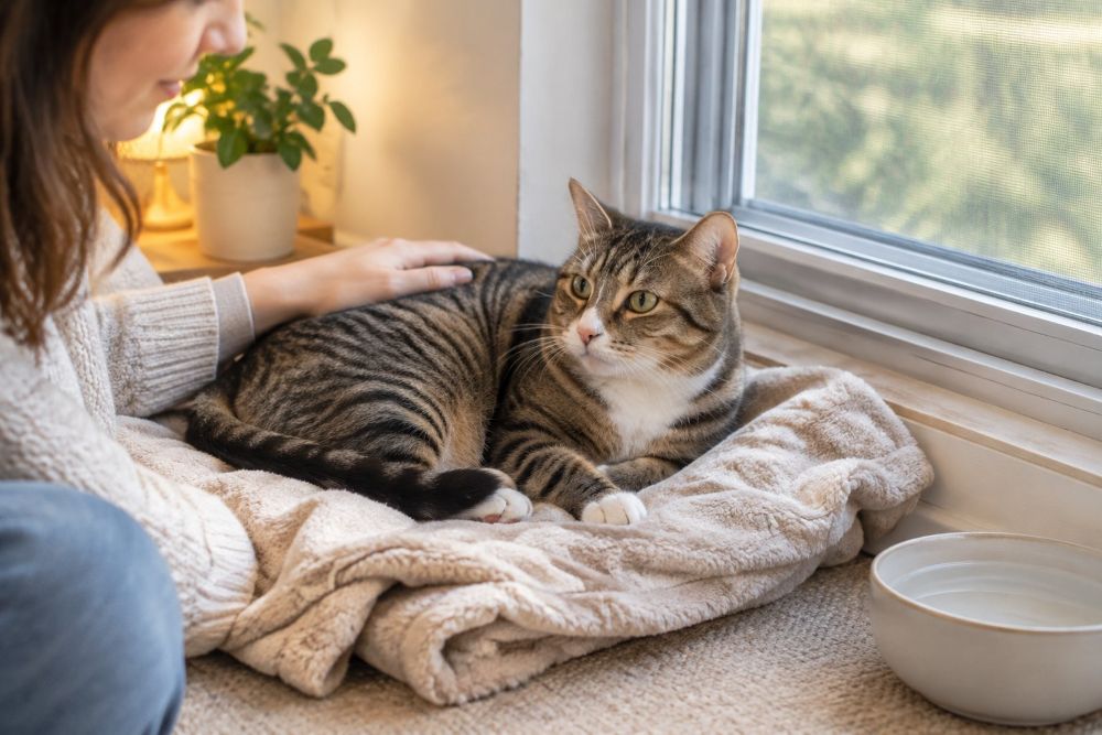A cat rests on a blanket indoors while a person sits nearby.