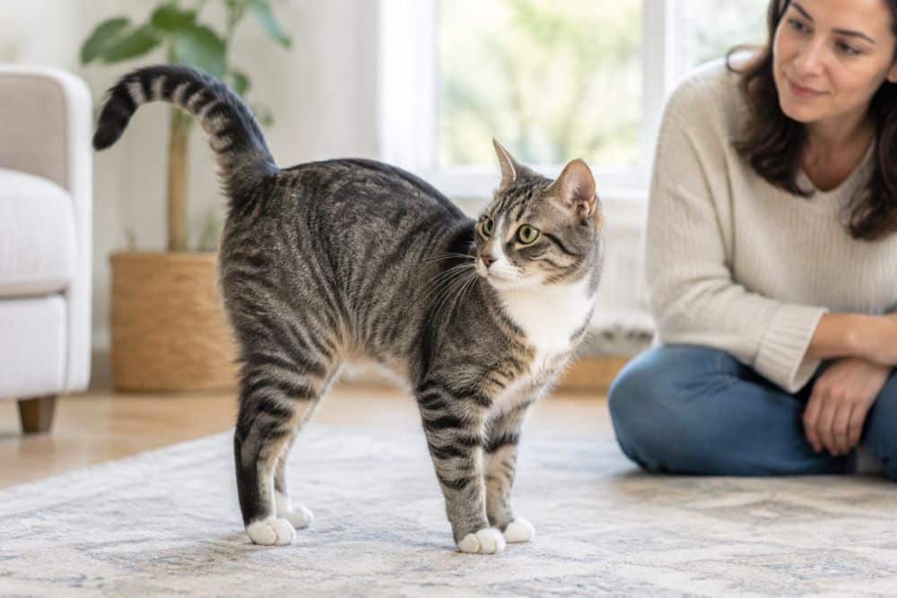 A cat stands with her tail held to one side while her owner observes nearby.