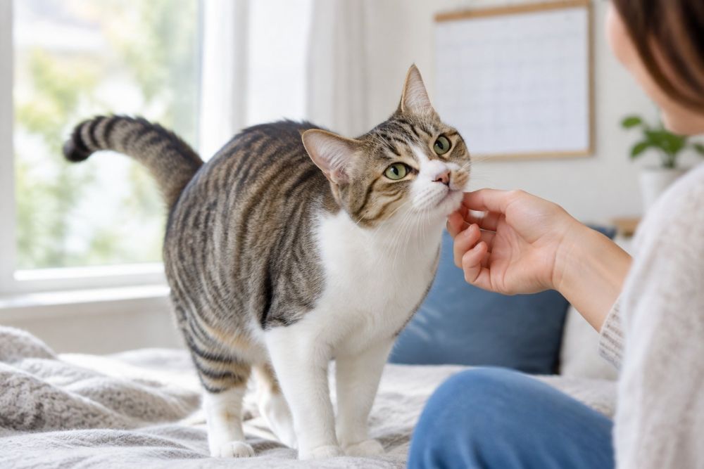 A female cat sits alert beside a window while a person gently observes her.