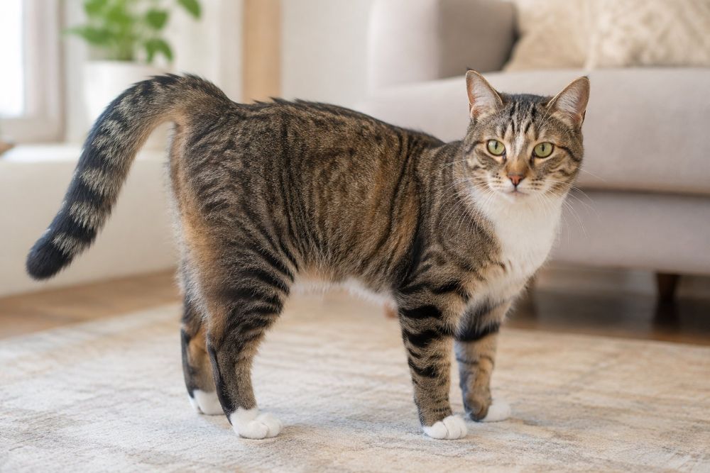 A female cat stands indoors with her tail held to one side.