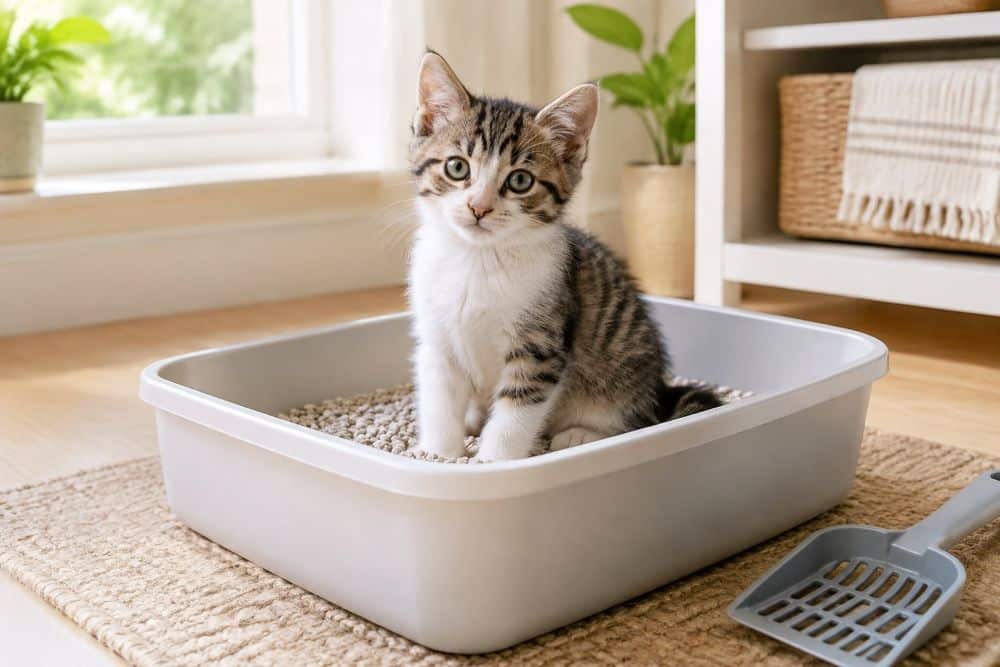 A kitten using a litter box.