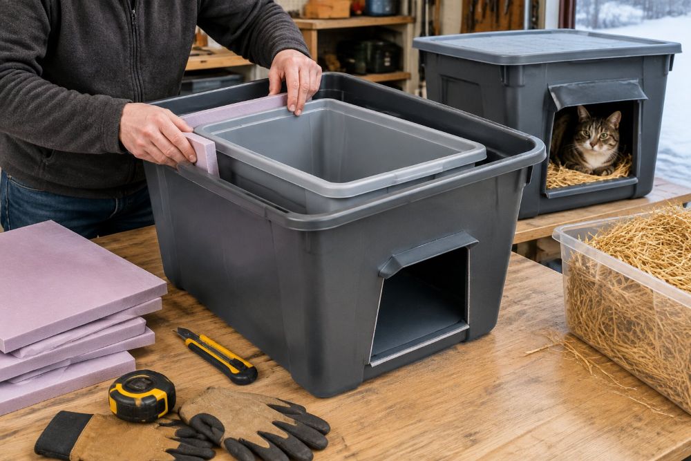 A person fits insulation between two plastic bins to make a winter shelter for a cat.