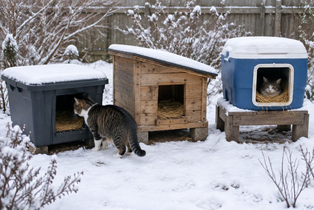 Two cats near three different shelters in a snowy backyard.