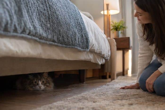 cat and owner , cat under bed